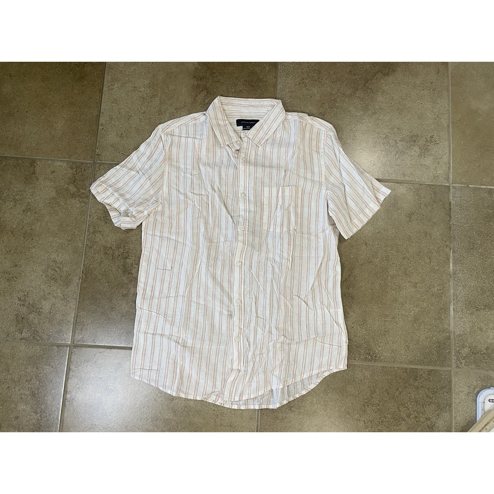Cotton On Garments Men's M Striped Button-Up Shirt Short Sleeve Ivory Pink